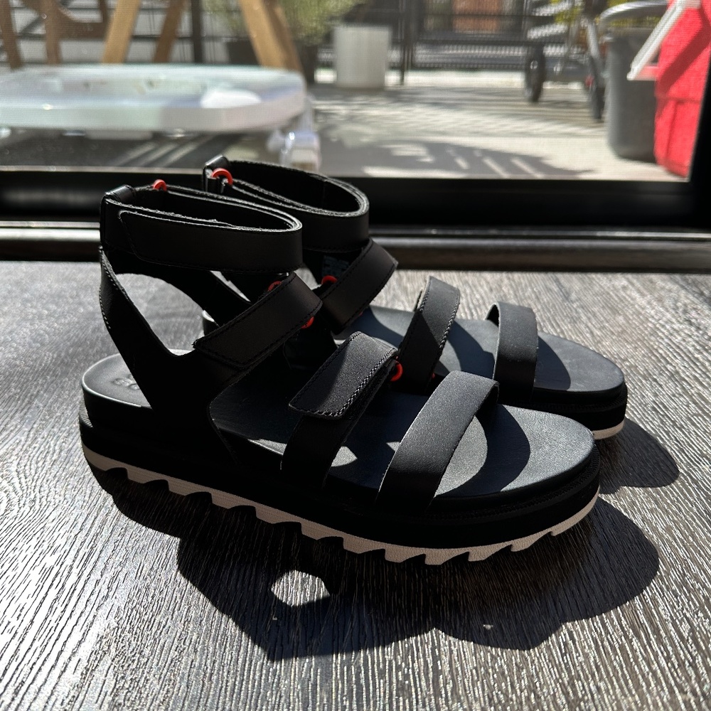 Sorel Black Sandals with Red Accents
